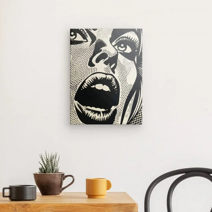 Pop art monochrome wall art featuring expressive female face.