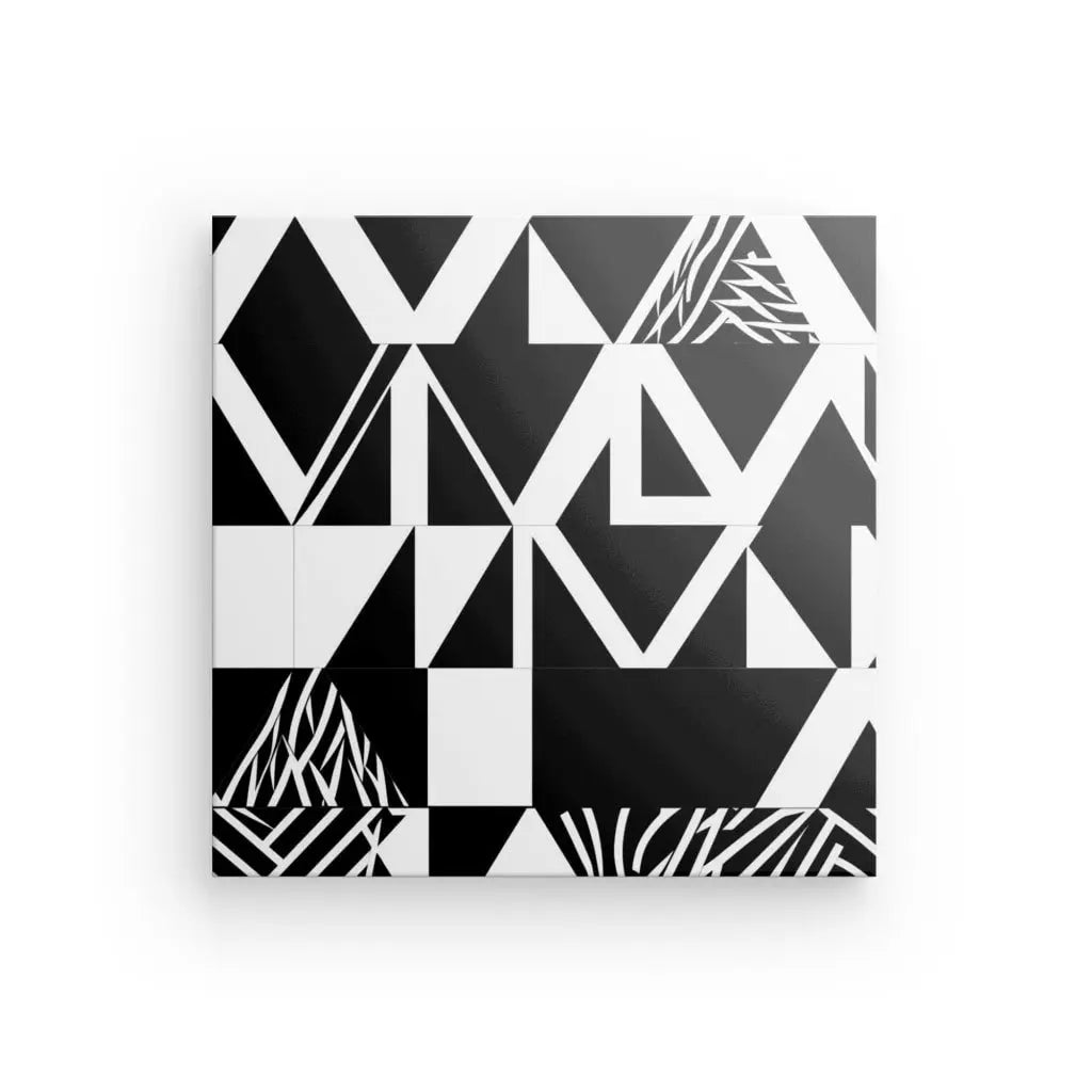 Le Tableau Formes Noires Abstraites Fond Blanc incarne le chic minimaliste avec ses illustrations géométriques en noir et blanc. Il présente diverses formes triangulaires et rectangulaires disposées selon un motif symétrique sur un fond blanc, ce qui le rend parfait pour la décoration intérieure. Ce tableau abstrait met en valeur sans effort tout espace moderne.