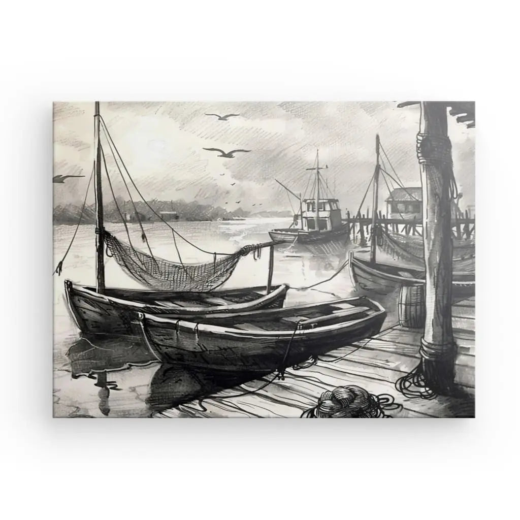Tableau Dessin Bateaux Ponton Noir et Blanc - #tag1# - #tag2# 
