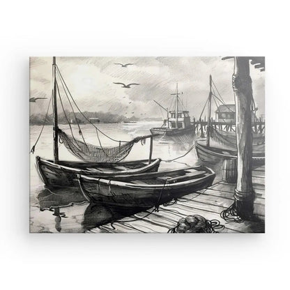 Tableau Dessin Bateaux Ponton Noir et Blanc - #tag1# - #tag2# 