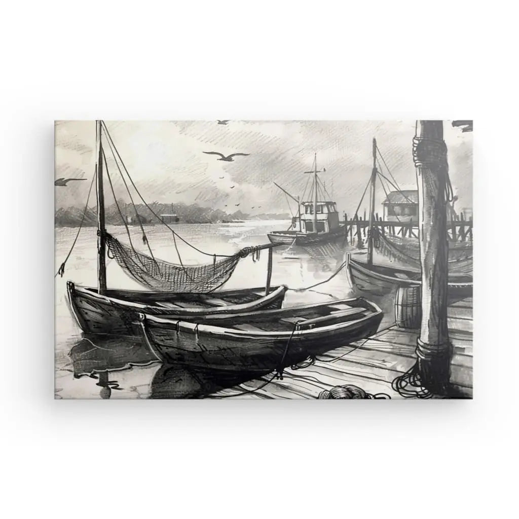 Tableau Dessin Bateaux Ponton Noir et Blanc - #tag1# - #tag2# 