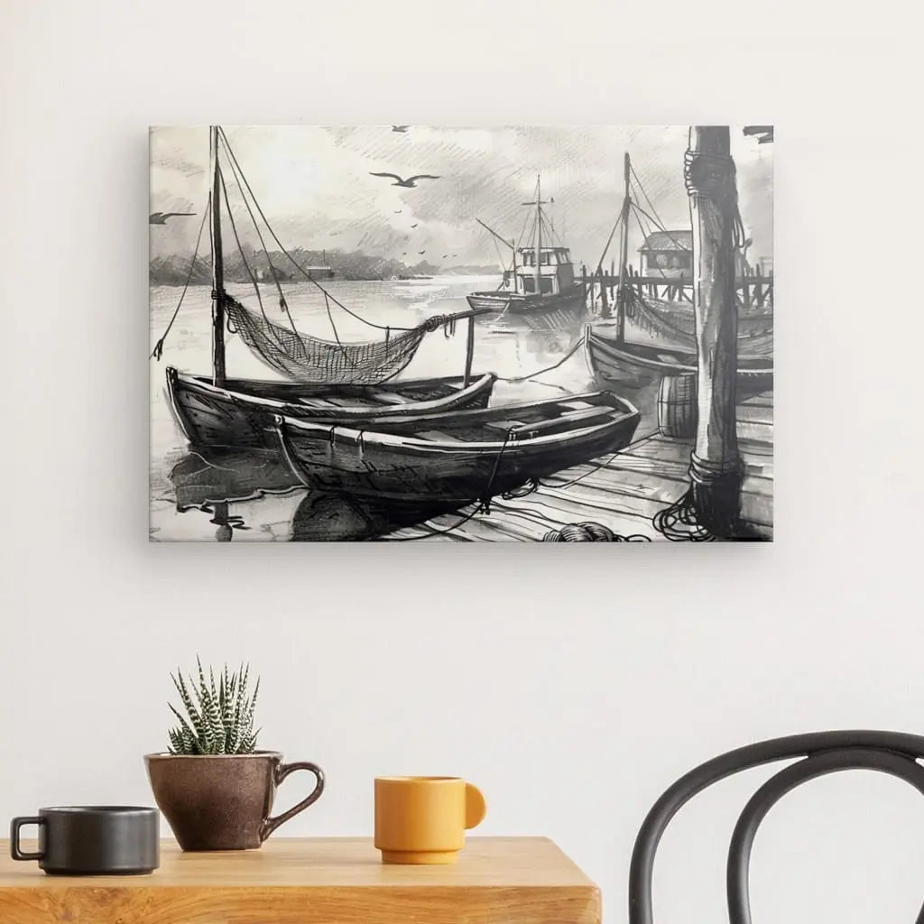 Tableau Dessin Bateaux Ponton Noir et Blanc - #tag1# - #tag2# 