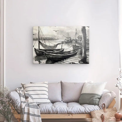 Tableau Dessin Bateaux Ponton Noir et Blanc - #tag1# - #tag2# 