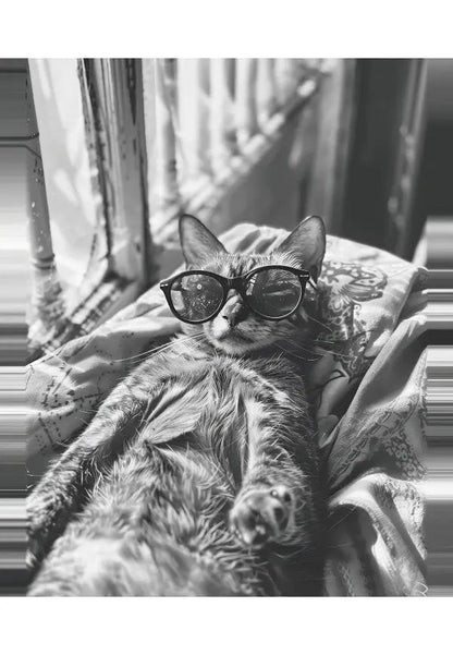 Tableau Portrait Chat Drôle Lunettes Noir et Blanc - #tag1# - #tag2# 