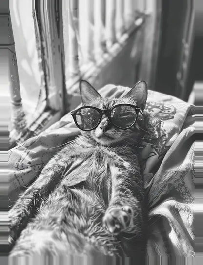 Tableau Portrait Chat Drôle Lunettes Noir et Blanc