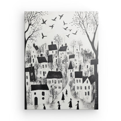 Tableau village art naïf noir et blanc