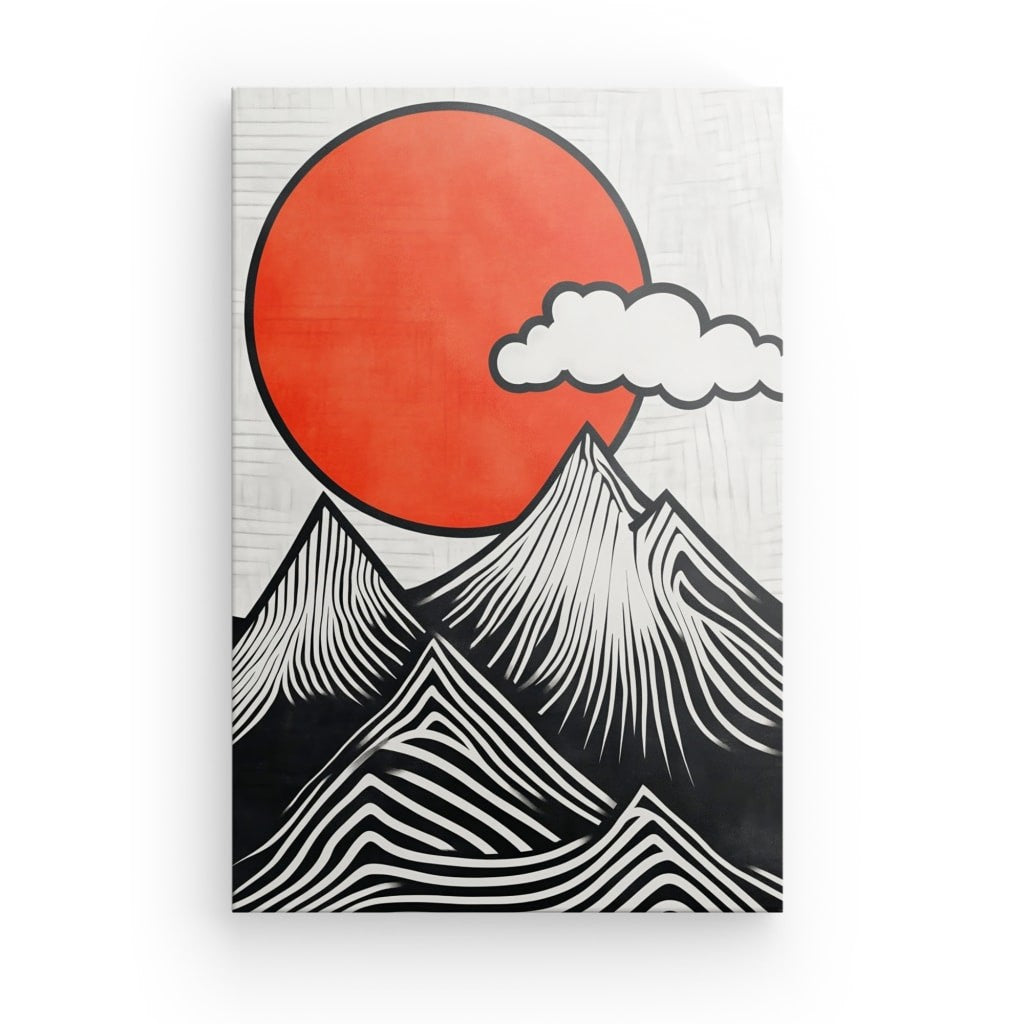 Poster Affiche montagne coucher de soleil orange noir et blanc