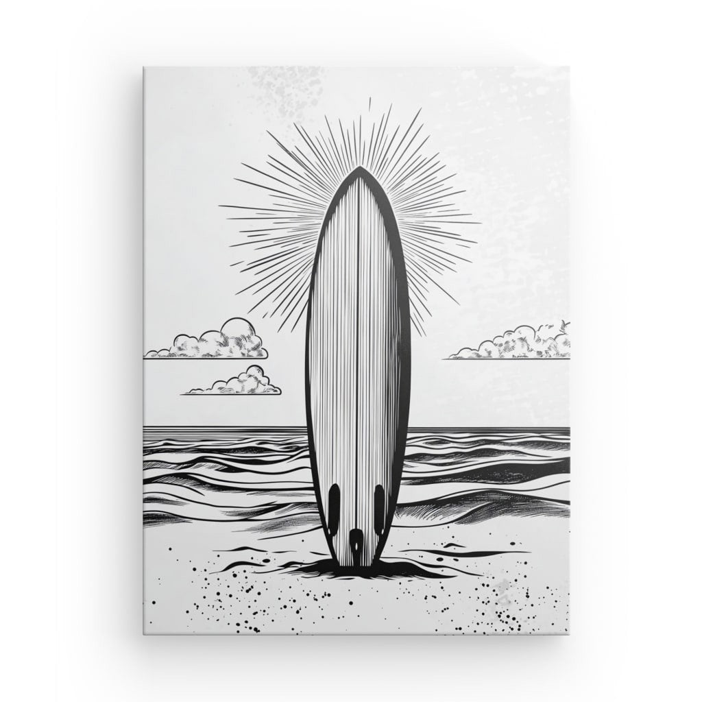 Tableau planche surf plage dessin noir et blanc