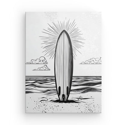 Tableau planche surf plage dessin noir et blanc