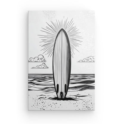Poster Affiche planche surf plage dessin noir et blanc