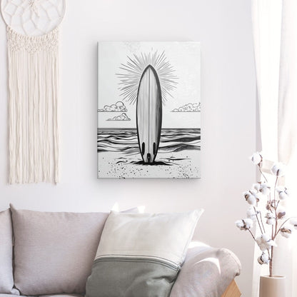 Poster Affiche planche surf plage dessin noir et blanc