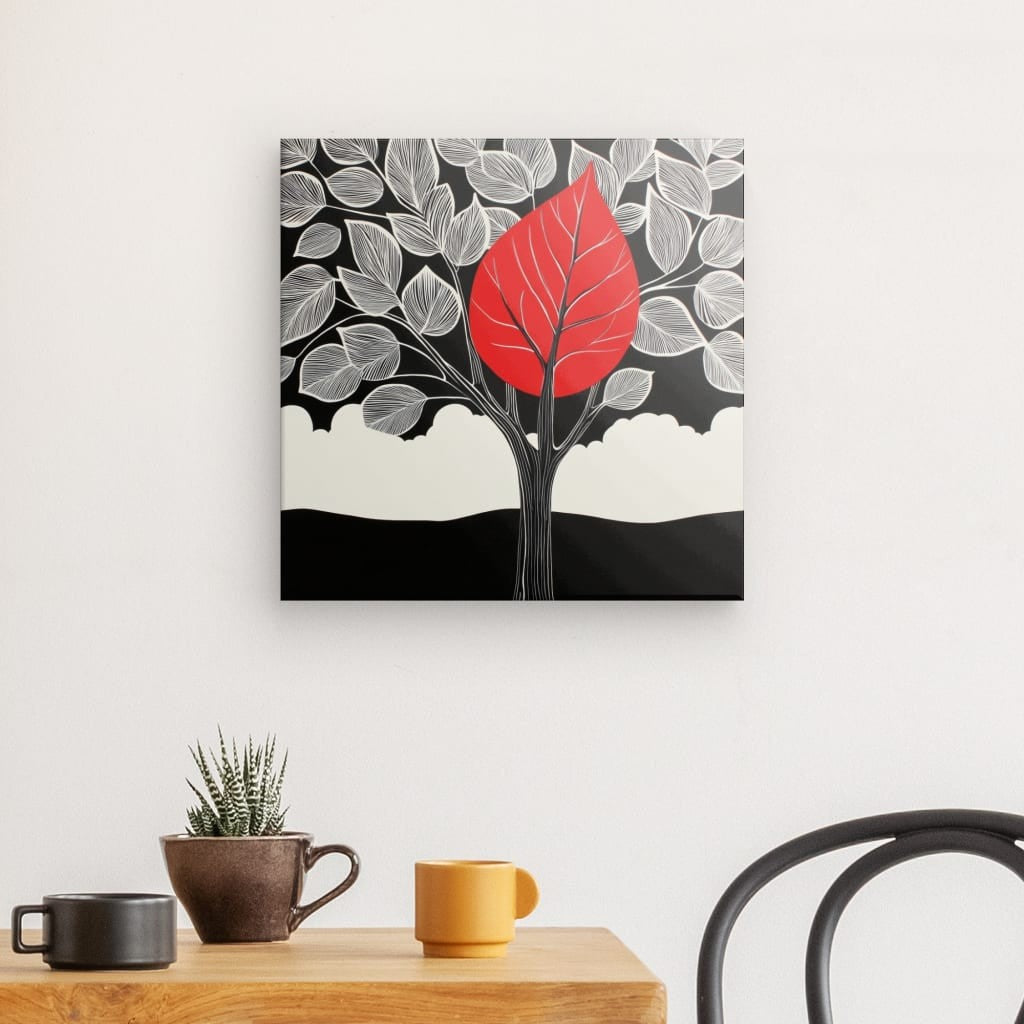 Poster Affiche arbre noir et blanc fleur rouge dessin