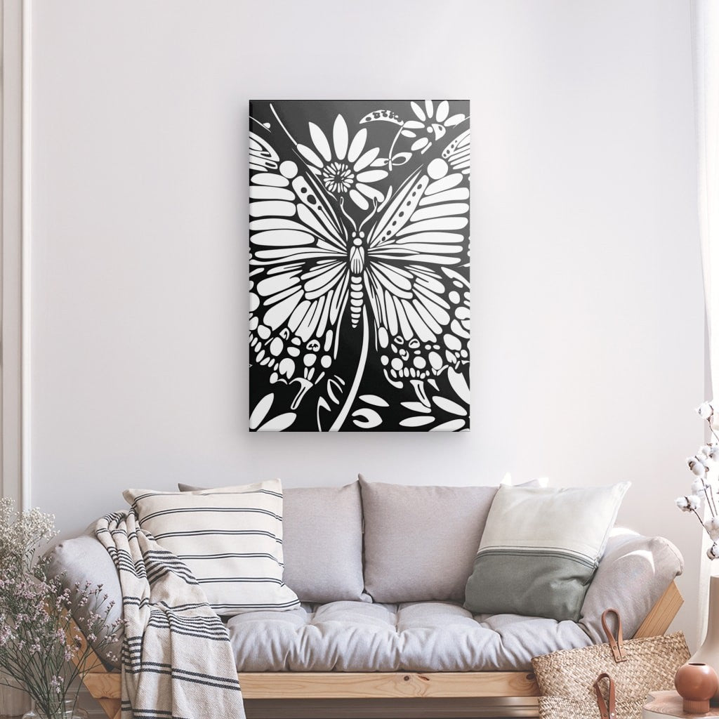 Poster Affiche papillon dessin boho noir et blanc