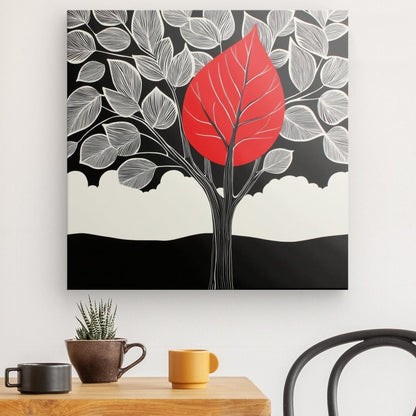Poster Affiche arbre noir et blanc fleur rouge dessin