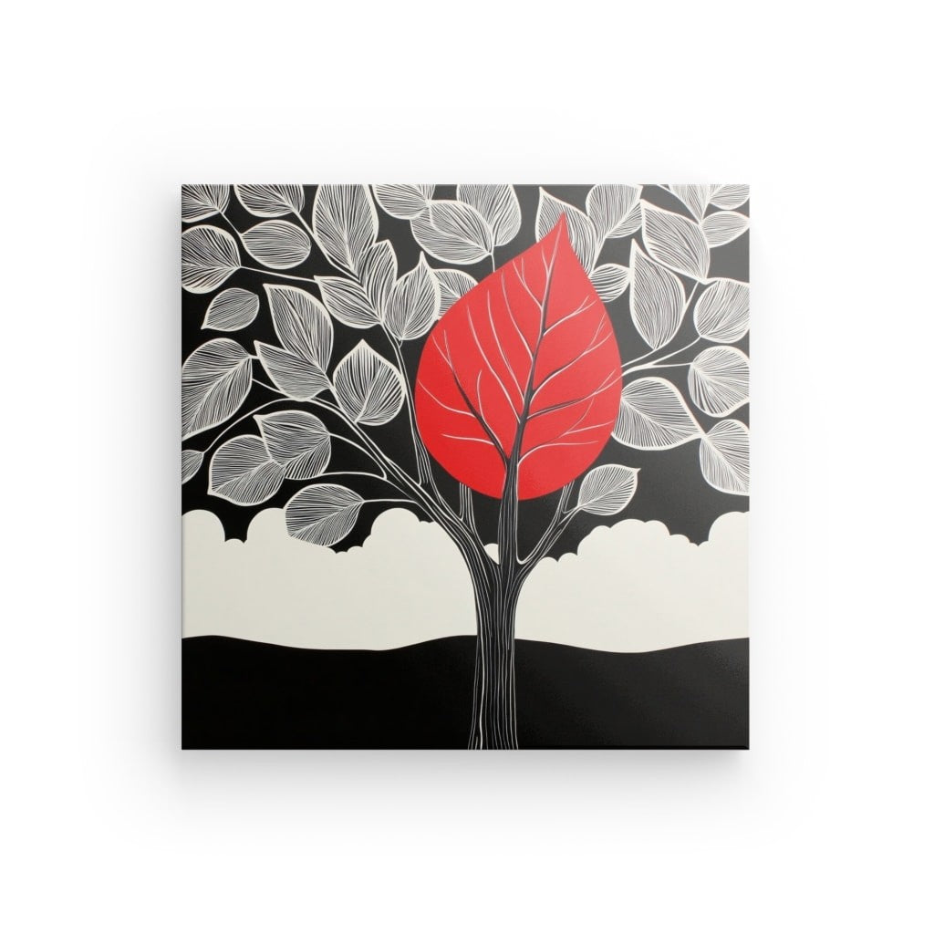 Poster Affiche arbre noir et blanc fleur rouge dessin