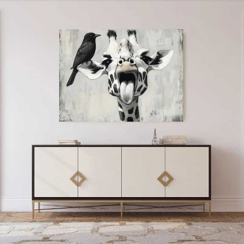 Tableau Dessin Giraffe Drôle Portrait Animal Univers Noir et Blanc 