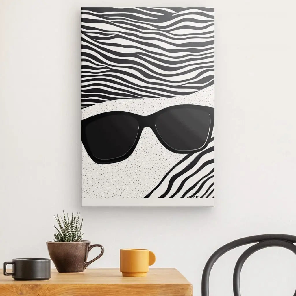 Tableau Lunettes Soleil Plage Art Moderne Monochrome Univers Noir et Blanc 