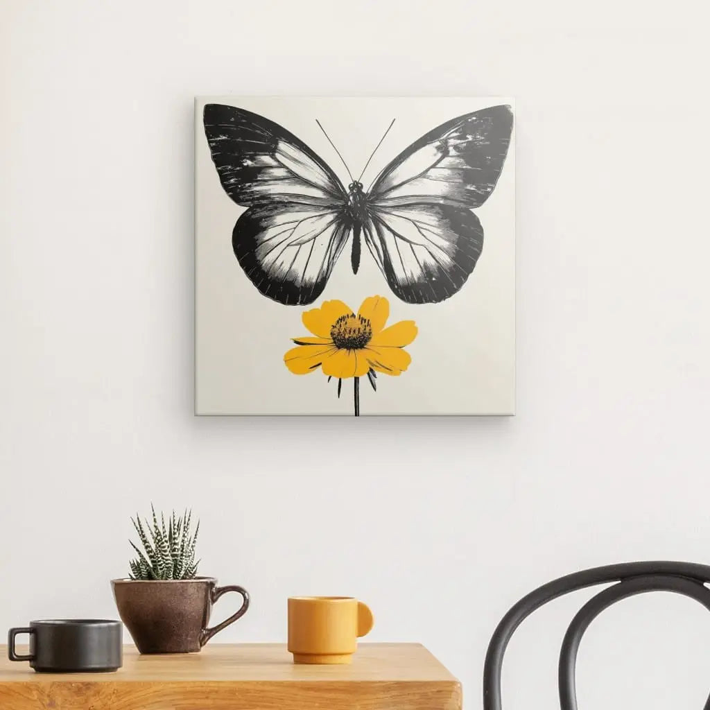 Tableau Papillon Fleur Jaune Design Monochrome Univers Noir et Blanc 