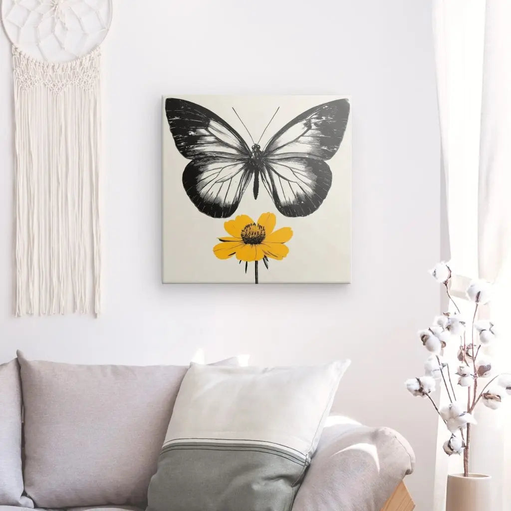 Tableau Papillon Fleur Jaune Design Monochrome Univers Noir et Blanc 