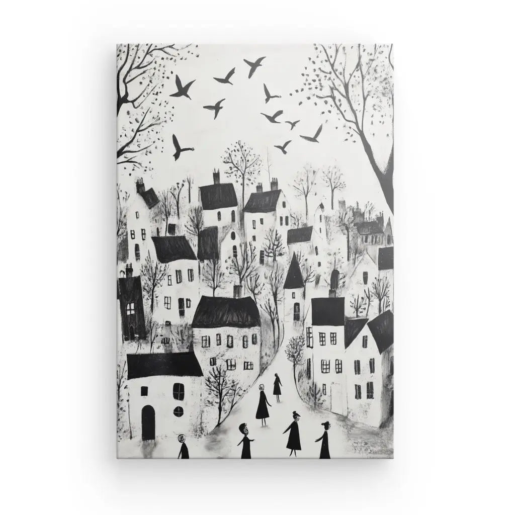 Tableau Village Art Naïf Dessin Enfant Monochrome Univers Noir et Blanc 