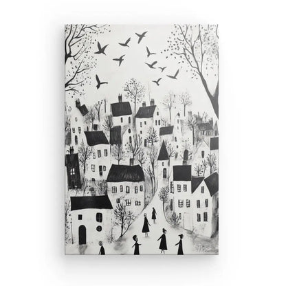 Tableau Village Art Naïf Dessin Enfant Monochrome Univers Noir et Blanc 