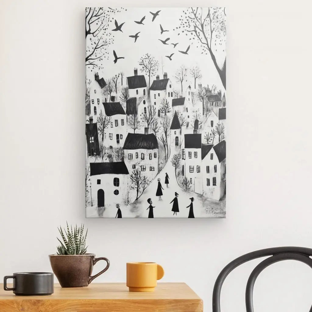 Tableau Village Art Naïf Dessin Enfant Monochrome Univers Noir et Blanc 
