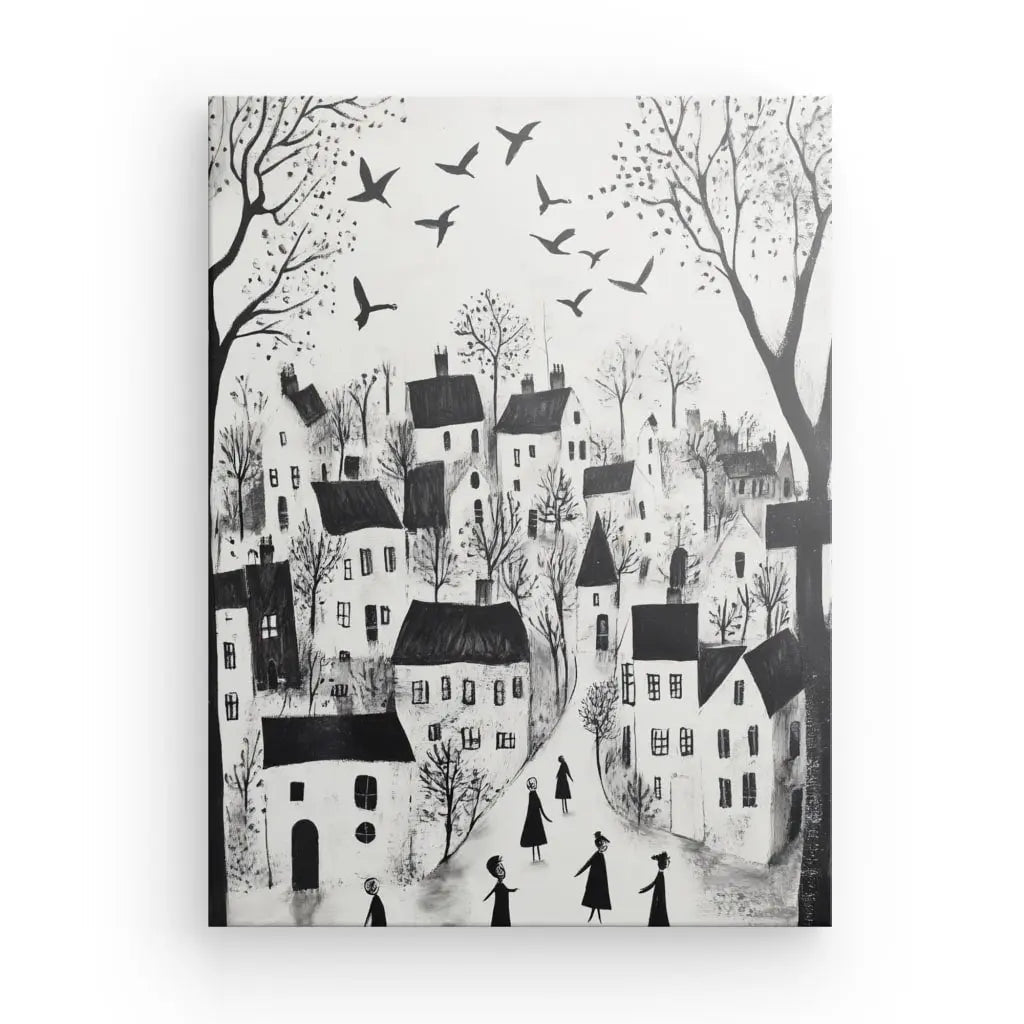 Tableau Village Art Naïf Dessin Enfant Monochrome Univers Noir et Blanc 