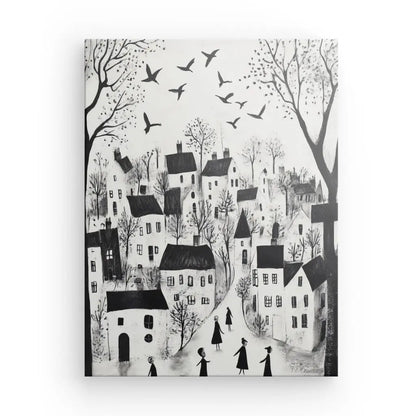 Tableau Village Art Naïf Dessin Enfant Monochrome Univers Noir et Blanc 