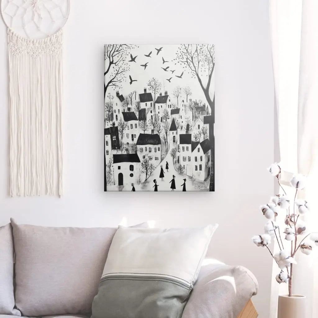 Tableau Village Art Naïf Dessin Enfant Monochrome Univers Noir et Blanc 