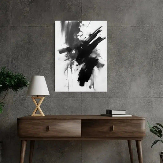 Tableau abstrait d’inspiration asiatique avec des traces de peinture noires, composition minimaliste et artistique