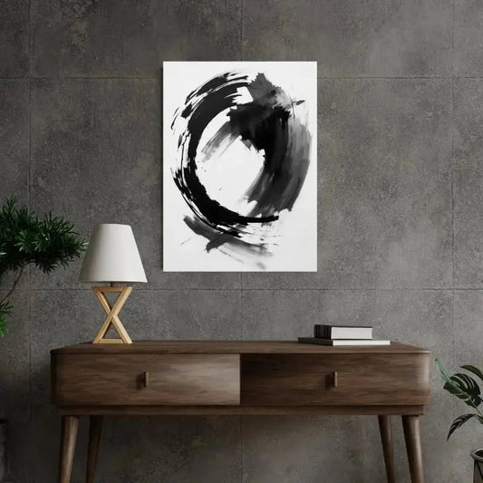 Tableau abstrait noir et blanc inspiré de l’art chinois avec des tâches d’encre, style traditionnel et expressif