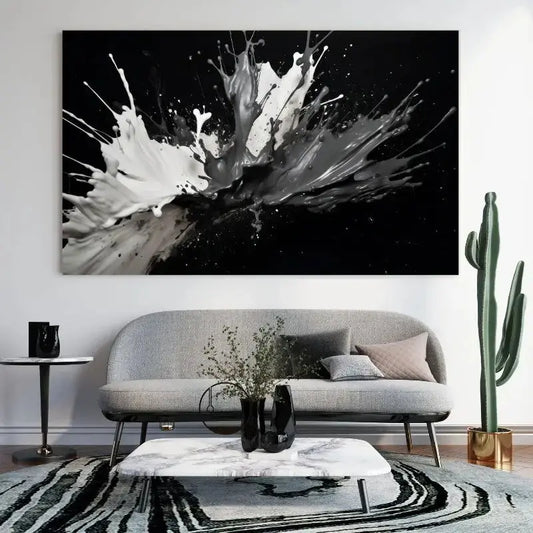 Tableau Abstrait Monochrome Eclaboussure Peintures Fond Noir - Univers Noir et Blanc - #tag1# - #tag2# - #tag3#