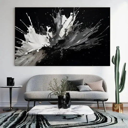 Tableau Abstrait Monochrome Eclaboussure Peintures Fond Noir - Univers Noir et Blanc - #tag1# - #tag2# - #tag3#