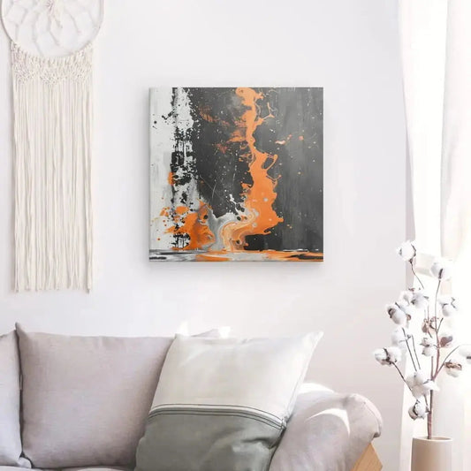 Tableau abstrait en noir et blanc avec une touche d’orange, composition contemporaine au contraste saisissant