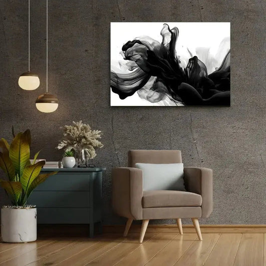 Tableau abstrait en noir sur fond blanc, composition artistique moderne et minimaliste