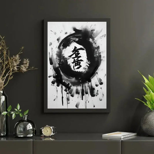 Tableau abstrait noir et blanc avec des symboles chinois, design artistique et culturel