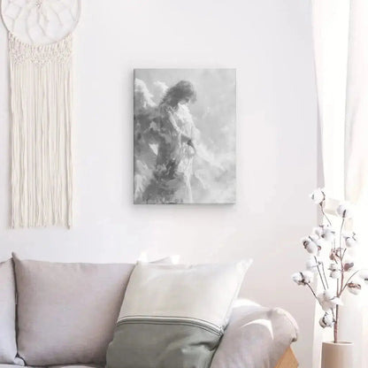 Tableau en peinture noir et blanc représentant un ange, œuvre spirituelle au style doux et expressif