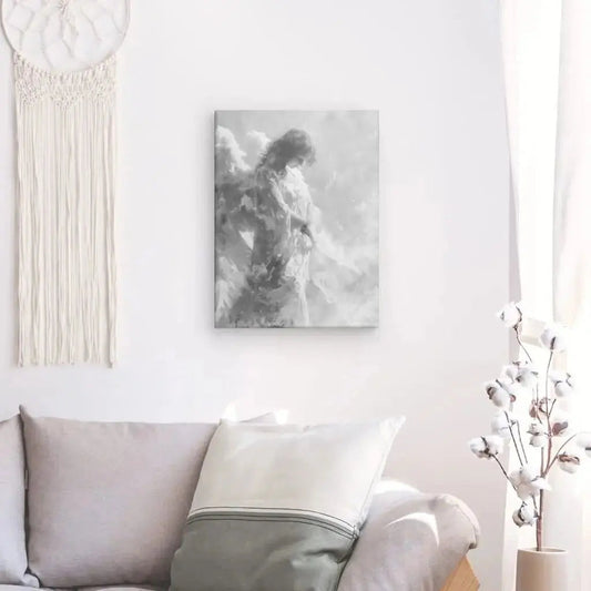 Tableau en peinture noir et blanc représentant un ange, œuvre spirituelle au style doux et expressif