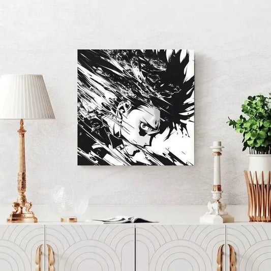 Tableau noir et blanc de style anime manga, dessin expressif et esthétique japonaise
