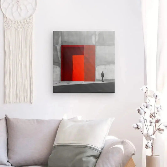 Tableau d’architecture en noir et blanc avec une porte rouge, contraste fort et design urbain élégant
