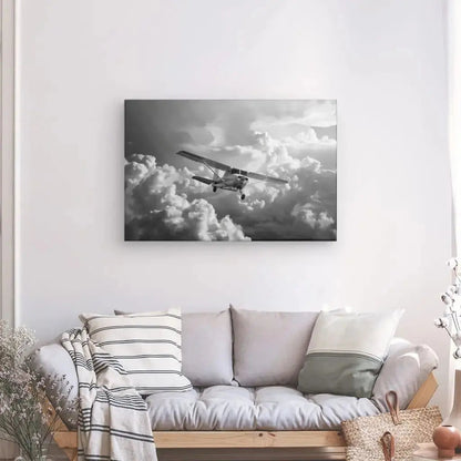 Tableau noir et blanc d’un avion Cessna dans un ciel nuageux, ambiance aérienne et paisible