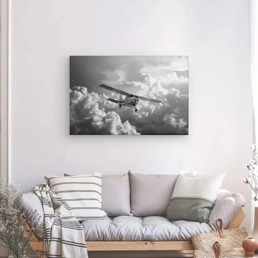 Tableau noir et blanc d’un avion Cessna dans un ciel nuageux, ambiance aérienne et paisible