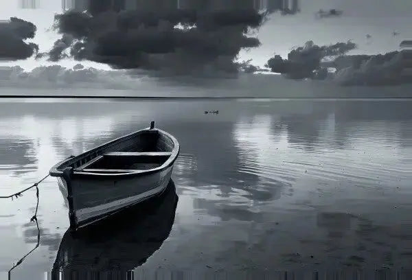 Tableau Barque Lac Paisible Noir et Blanc - Univers Noir et Blanc - #tag1# - #tag2# - #tag3#