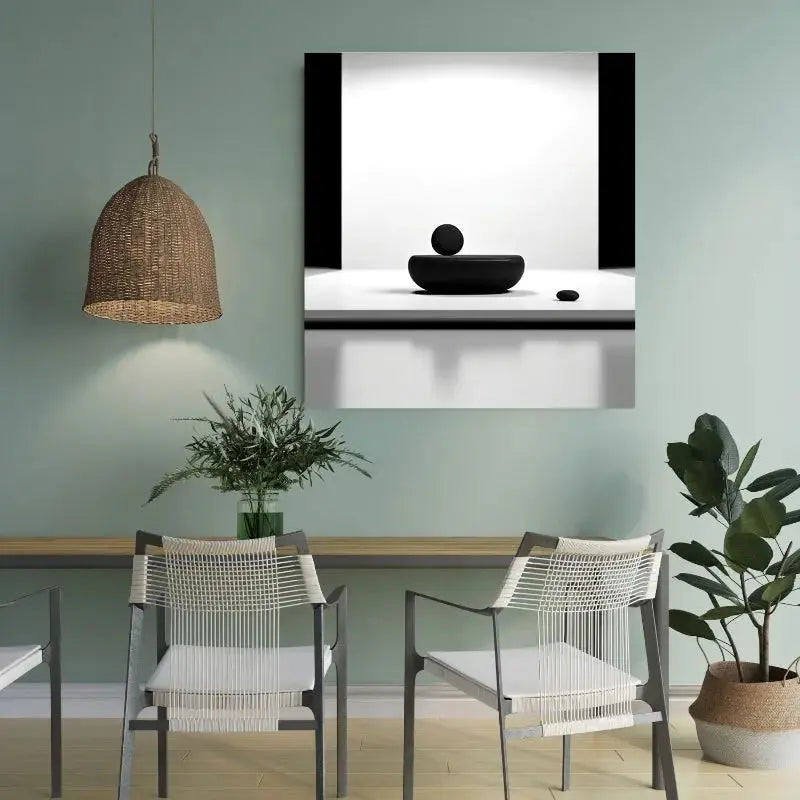Tableau carré noir et blanc évoquant la relaxation et la paix, design épuré et apaisant