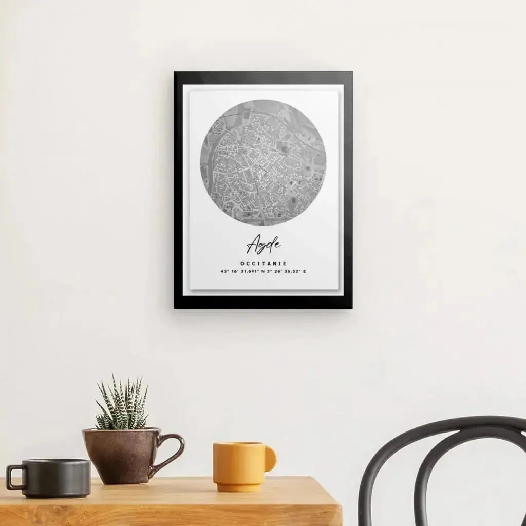 Tableau Carte Ville Agde Noir et Blanc - Univers Noir et Blanc - #tag1# - #tag2# - #tag3#