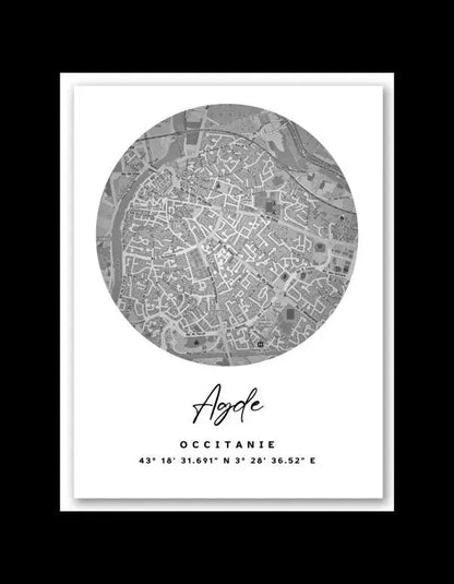 Tableau Carte Ville Agde Noir et Blanc - Univers Noir et Blanc - #tag1# - #tag2# - #tag3#