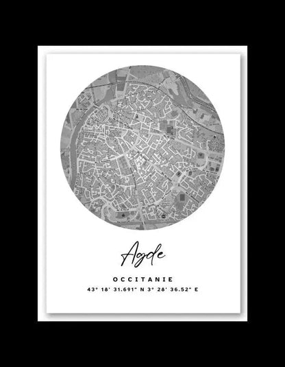 Tableau Carte Ville Agde Noir et Blanc - Univers Noir et Blanc - #tag1# - #tag2# - #tag3#