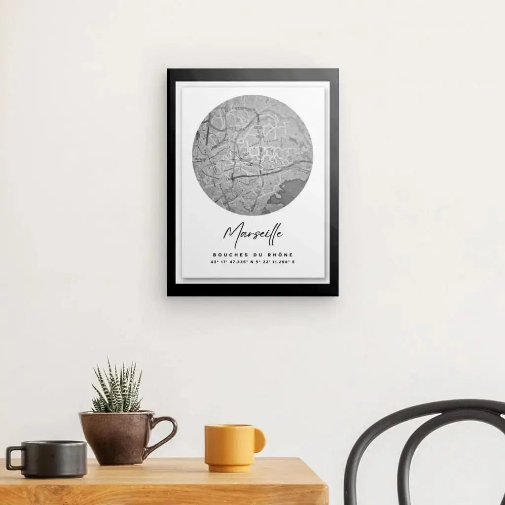 Tableau Carte Ville Marseille Noir et Blanc - Univers Noir et Blanc - #tag1# - #tag2# - #tag3#
