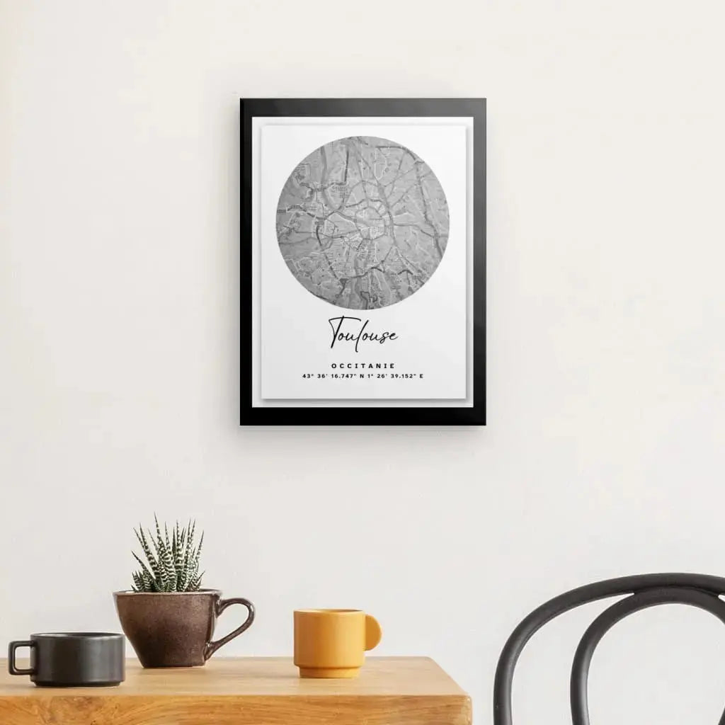 Tableau Carte Ville Toulouse Noir et Blanc - Univers Noir et Blanc - #tag1# - #tag2# - #tag3#