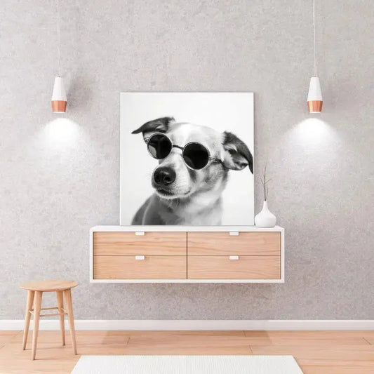 Tableau humoristique en noir et blanc représentant un chien mignon portant des lunettes, une décoration murale originale et pleine de charme.